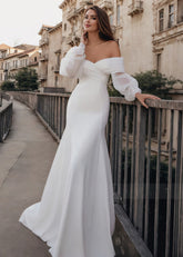 Freda | Trumpet/Mermaid Puff Long Sleeve Satin Wedding Dress with Off the Shoulder - Price #price_variant_lowest# - White - PromDressClub